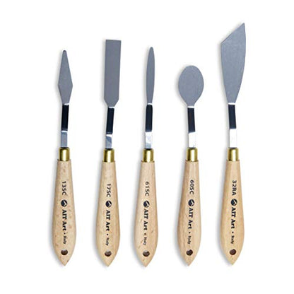 AIT Art Select Painting Knives, Set of 5, Made in Italy, Assorted Trowel Shapes, Carbon Steel Blades with Comfortable Wooden Handles Provide Flexibility and Durability for Easy Paint Spreadability