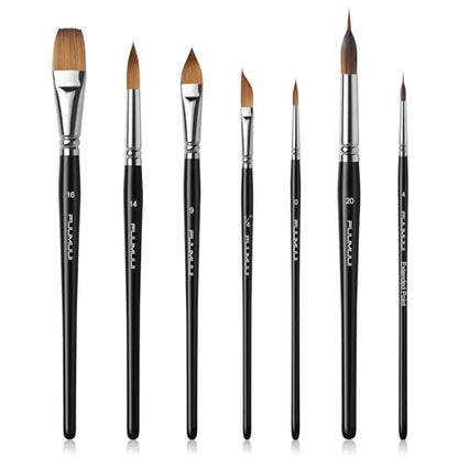 Watercolor Brush Set, Fuumuui 7pcs Professional Sable Paint Brushes with Extended Needle, Round Point, Flat, Dagger, Cat's Tongue for Watercolor, Acrylic, Gouache – Detail & Wash Painting - color: Black7