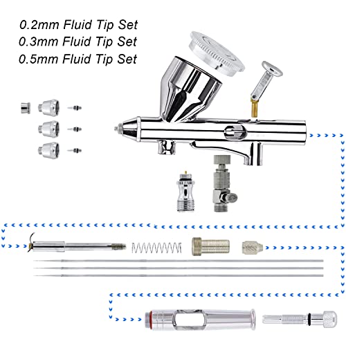 Pinkiou Airbrush Kit with Different Nozzle and Needles Muti-Purpose Dual Action Airbrush Sets with Air Brush 0.2 0.3 &0.5mm Needles and Air Hose for Hobby Model Painting Tattoo Cake Nail Art - color: silver