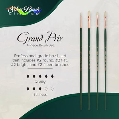 Silver Brush Limited Grand Prix Multi-Shape Oil Paintbrush Set, 4pc | Size 2 Round, Flat, Bright, and Filbert, Long Handle, Stiff Flagged Hog Bristle, Landscape, Botanical and Floral Designs - color: Multi-shape Set
