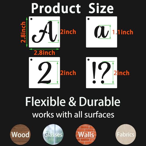 BAMIDELE 2 Inch Alphabet Letter Stencils for Painting, 66 Pcs Reusable Plastic Calligraphy Letter Stencils and Numbers Template Kit for Painting on Wood, Chalkboard, Fabric, Door Porch, Wall Art - size: 2 Inch