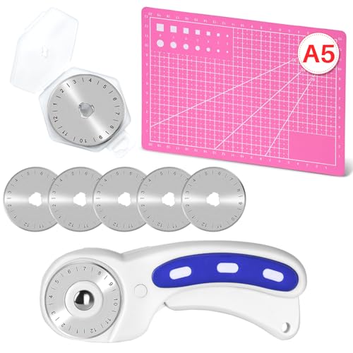 ZMAAGG Rotary Cutter Set, 5PCS 45mm Fabric Cutter, A5 Cutting Mat