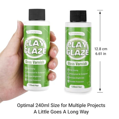 SEVENWELL Clay Glaze, High Gloss Sealer for Air Dry & Polymer Clay | Diamond-Like Gloss, Waterproof Finish, Non-Yellowing, Brush Included, Easy for Beginners
