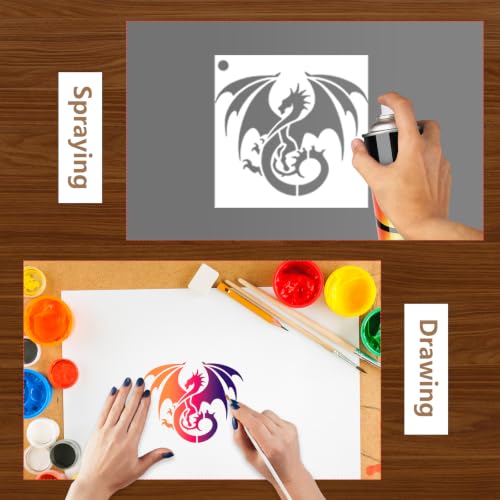 AFRITEE Dragon Stencils for Painting on Wood, 20 Pcs Dragon Book Edge Stencils for Crafts Reusable Kit, Animal Fantasy Book Edge Stenciling Kit on Canvas Wall Home Floor Furniture Spray Painting - style: Dragon