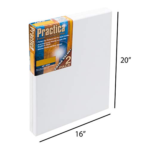 Practica Economy Stretched Cotton Canvas - Acid-Free Acrylic Primed Canvas for Acrylics, Pastels, Graphite, & More! - [2-Pack - 16x20] - size: 16x20"