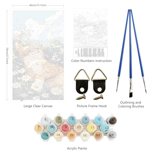 ARTGOTO Large Paint by Numbers for Adults Orange Cat in Daisy Field | 15.7x27.5inch/40x70cm Paint by Number Kit on Canvas, Cute Cat Acrylic Painting Set with Brushes & Instructions, No Frame - color: PBN045