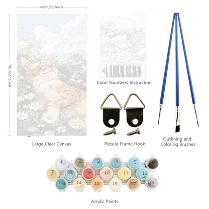 ARTGOTO Large Paint by Numbers for Adults Orange Cat in Daisy Field | 15.7x27.5inch/40x70cm Paint by Number Kit on Canvas, Cute Cat Acrylic Painting Set with Brushes & Instructions, No Frame - color: PBN045