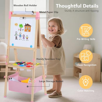 Kinder King Adjustable Wooden Kids Art Easel, Art Supplies, Storage (Pink) - color: Pink