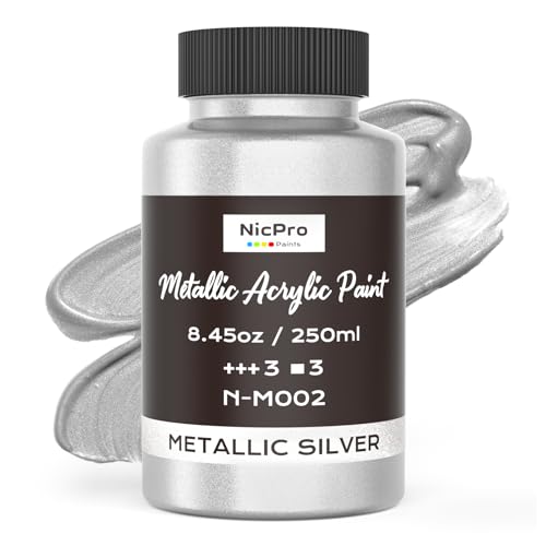 Nicpro Metallic Silver Acrylic Paint, 8.45oz/250ml Silver Leaf Paint | Non Toxic, Non Fading Art Craft Paints for Canvas, Wood, Clay, Fabric, Metal, Furniture, Art Supplies - color: Silver, size: 8.45 Fl Oz (Pack of 1)