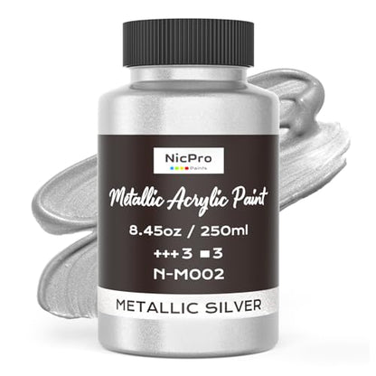 Nicpro Metallic Silver Acrylic Paint, 8.45oz/250ml Silver Leaf Paint | Non Toxic, Non Fading Art Craft Paints for Canvas, Wood, Clay, Fabric, Metal, Furniture, Art Supplies - color: Silver, size: 8.45 Fl Oz (Pack of 1)