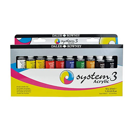 Daler Rowney System3 10-Tube Acrylic Paint Set for Adults - Acrylic Painting Supplies for Artists and Students - Acrylic Paints for Murals Canvas and More - Art Paints for Any Skill Set - style: 10 Pack, Medium Body