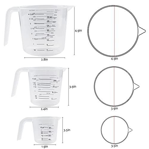 Plastic Measuring Cup,3 Pack 4/2/1 Cup Clear Measuring Cups,Stackable Heat-resistant Cup Set with Handle Grip and Spout for Baking,Powder,Liquid