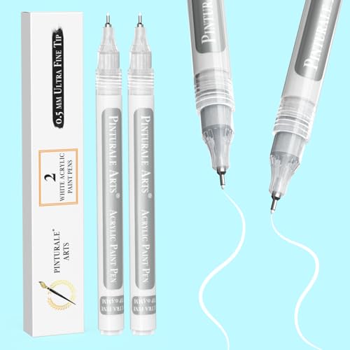 Pinturale Arts® Ultra Fine Tip Acrylic Paint Pens | Set 2 White Paint Pens Extra Fine Point 0.5 mm | For Black Paper, Ceramics, Rock Painting, Glass, Wood, Canvas, Metal - color: White