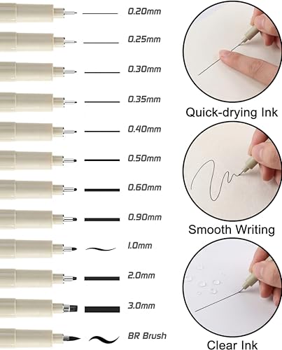EBOT Micro Fineliner Drawing Art Pens,12 Black Fine Liner Waterproof Art Line Professional Drawing Watercolour Marker Sketching Illustration Manga Calligraphy Sketch Zentangle Outline