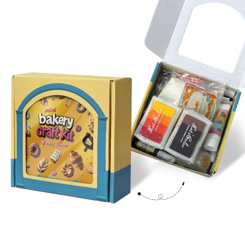 iLAND Air Dry Clay Teen Crafts DIY Bakery Food Kit for Girls Birthday Gifts | 40+ pcs with display shelves, DIY mini bakery, inspires creativity & family fun, stress-free activity, 1:12 scale, gift ready - style: Clay Bakery w/ Spotlights