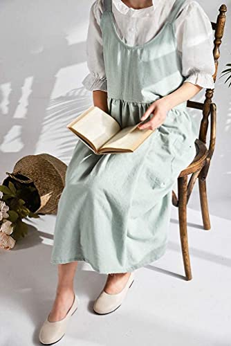 Women Girls Cross Back Apron Gardening Works Cotton Aprons Pinafore Dress - color: Green