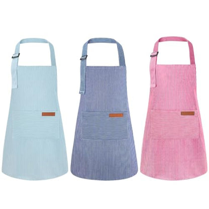 3 Pack Stripes Kids Apron, Adjustable Kids Cooking Aprons with 2 Pockets, Cute Chef Baking Aprons for Boys and Girls - color: Light Blue + Dark Blue + Rose Red, size: 55x65cm