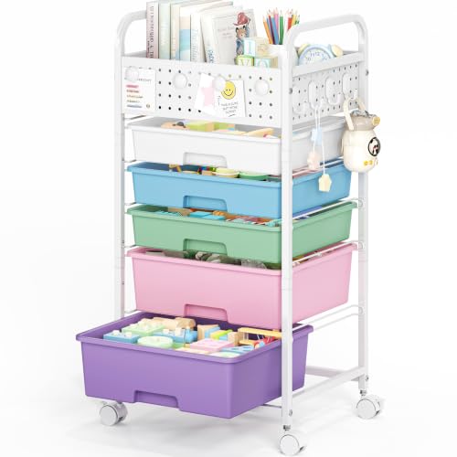 5 Drawer Rolling Storage Cart with Pegboard Top and Hooks, Ice Cream | Mobile Organizer Cart with Wheels for Office Supplies, Craft Storage, Classroom Organization, Home Utility Cart - color: Ice Cream, size: 5-Drawers