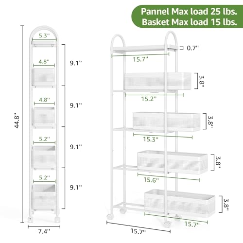 KINGRACK 5 Tier Slim Rolling Cart with Drawer, Metal Utility Storage Cart | 4 Pull-out Baskets, Lockable Wheels, Narrow Space Trolley Organizer for Bathroom, Kitchen, Office, Dorm, Laundry Room, White - color: White, size: 5 Tier