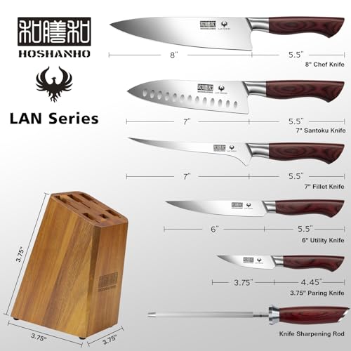 HOSHANHO 7PCS Kitchen Knife Set with Block, Sharp Chef Knives & Sharpener | High-Carbon Stainless Steel Cooking Knife Set, Ultra Sharp Professional Knife Set with Ergonomic Wood Handle, Ideal Home Gift - size: 7 Pieces Knife Set