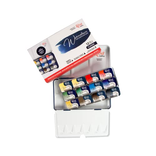 Rosa Gallery Professional Watercolor Paint Set, 12 Water Colors of 2.5 ml, High Lightfastness Paints Kit for Artists, Adult, Lightweight and Portable Metal Case - color: Classic Indigo