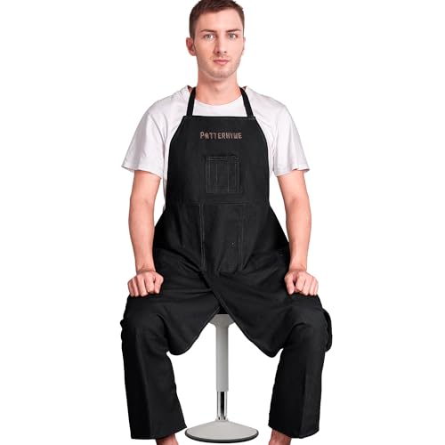 Full Coverage Pottery Apron Split Leg - 100% Cotton Canvas Potter's & Ceramics Aprons with Pockets for Women & Men - color: Black
