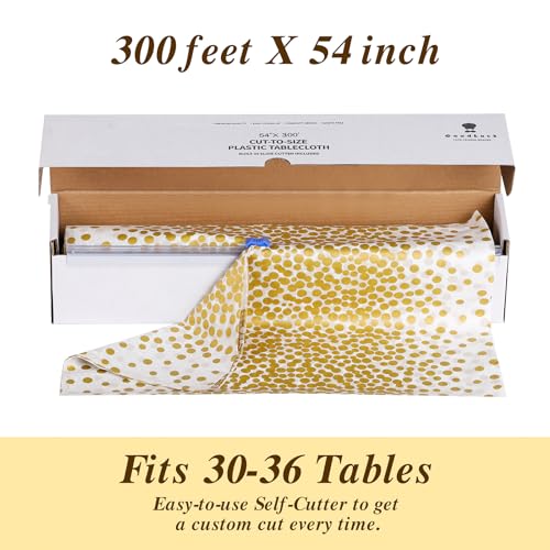 Goodluck 54 Inch X 300 Feet Plastic Table Cloths with Cutter Box, Gold Disposable Table Cover Roll, Plastic Tablecloth for Party, Wedding, Birthday, Anniversary, Event, White Gold Dot - color: White Gold Dot, size: 15.4" x 5.5" (Rectangular)