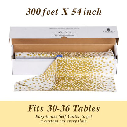 Goodluck 54 Inch X 300 Feet Plastic Table Cloths with Cutter Box, Gold Disposable Table Cover Roll, Plastic Tablecloth for Party, Wedding, Birthday, Anniversary, Event, White Gold Dot - color: White Gold Dot, size: 15.4" x 5.5" (Rectangular)