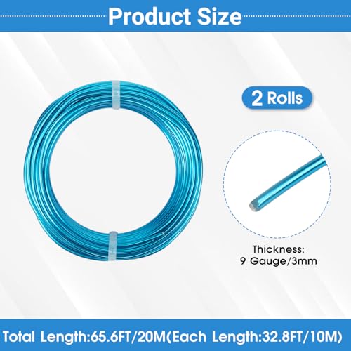 2 Rolls Aluminum Craft Wire, 9 Gauge (3mm) Flexible Metal Wire for Jewelry Making, 65.6 Ft (32.8 Ft/Roll) Bendable Armature Wire for Bonsai, Sculpting and DIY Crafts [Aqua Blue] - size: 9Gauge 32.8Ft Each, style: Aqua Blue