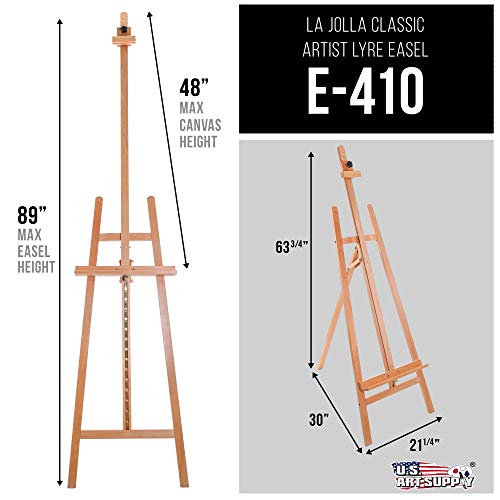 U.S. Art Supply 64" to 89" La Jolla Classic A-Frame Wood Easel, Lyre Style Studio Easel - Wooden Artists Floor Stand, Sturdy, Adjustable Height to 48" Canvas - Painting, Drawing, Sign Display