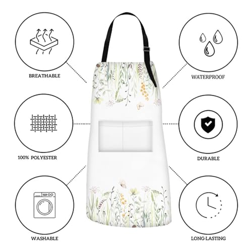 Britimes Apron with Pockets, 32x28 inch, for Women Men, Wild Flowers - color: Eucalyptus