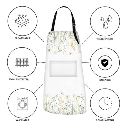 Britimes Apron with Pockets, 32x28 inch, for Women Men, Wild Flowers - color: Eucalyptus