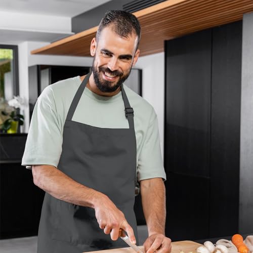 Adjustable Bib Apron 100% Polyester Kitchen Aprons Waterdrop Resistant Aprons with Adjustable Strap, Pockets & Long Ties - color: Grey, style: Pack of 2