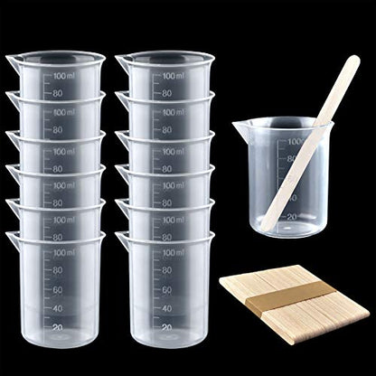 Coopay 12 Pack 100ml/3.4oz Plastic Beakers Epoxy Mixing Cups, Plastic Graduated Cups Clear Multipurpose Measuring Cups with 50 Pack Wooden Stirring Sticks for Resin, Epoxy, Stain, Mixing Paint - size: 100ml