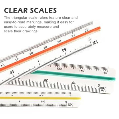 4-Piece Architectural Scale Ruler Set, 12'' Clear Scales Triangular Ruler Set, 3-Color-Coded Grooved Set Square for Drafters, Architects, and Engineers Blueprint Project