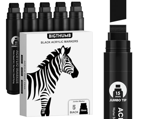 BIGTHUMB Black Poster Markers Jumbo: 5 Pcs 15mm Wide Tip Thick Acrylic Paint Pen Large Permanent Calligraphy Markers for Rock Painting, Stone, Poster, Canvas, Glass, Wood, Ceramic - color: Black