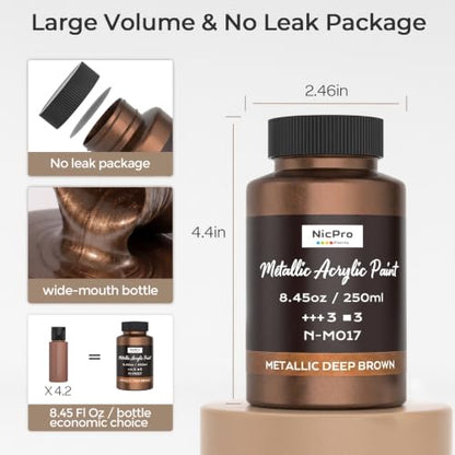 Nicpro Metallic Deep Brown Acrylic Paint, 8.45oz/250ml Craft Paint | Large Non Toxic, Non Fading Art Paint for Wood, Metal, Clay, Fabric, Canvas, Ceramic, Furniture, Handcrafts - color: Metallic Deep Brown, size: 8.45 Fl Oz (Pack of 1)