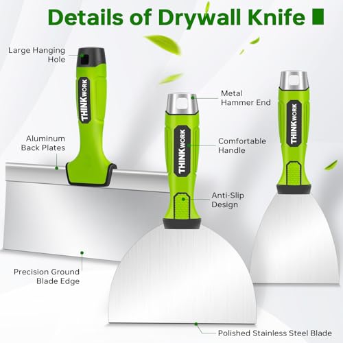 THINKWORK 8Pcs Drywall Tools, Drywall Knife Set with 10" Mud Pan | Stainless Steel Putty & Taping Knives, Painter Scraper, Spackle Tool Set for Joint Finishing & Patching, Soft Grip