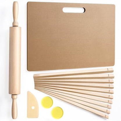 15 Pcs Wooden Pottery Tools Set – Clay Rolling Pin with Thickness Guides, Clay Wedging Board with Handle, Wooden Pottery Rib & Sponges – Ceramic & Polymer Clay Sculpting Kit