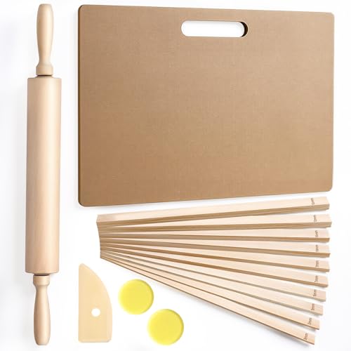 15 Pcs Wooden Pottery Tools Set – Clay Rolling Pin with Thickness Guides, Clay Wedging Board with Handle, Wooden Pottery Rib & Sponges – Ceramic & Polymer Clay Sculpting Kit