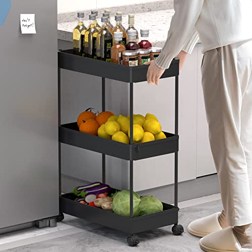 SPACELEAD 3 Tier Rolling Cart with Wheels, Storage Craft Art Trolley Organizer Serving, 3 Hanging Baskets Easy Assembly, for Office, Bathroom，Living Room, Kitchen, Black - color: Black