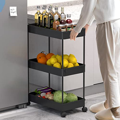SPACELEAD 3 Tier Rolling Cart with Wheels, Storage Craft Art Trolley Organizer Serving, 3 Hanging Baskets Easy Assembly, for Office, Bathroom，Living Room, Kitchen, Black - color: Black
