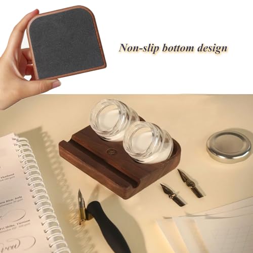 Upgrade Wooden Tilting Calligraphy Pen Holder with Two Glass Ink Bottle Container, Calligraphy Oblique Nib Holder Stand Base Set Desktop Tabel Decoration - style: Upgraded Two Glass Ink Holders