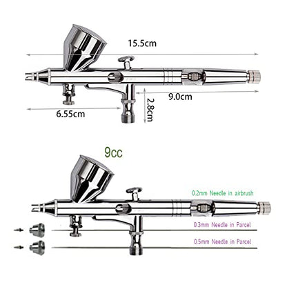 Pinkiou Airbrush Kit with Different Nozzle and Needles Muti-Purpose Dual Action Airbrush Sets with Air Brush 0.2 0.3 &0.5mm Needles and Air Hose for Hobby Model Painting Tattoo Cake Nail Art - color: silver