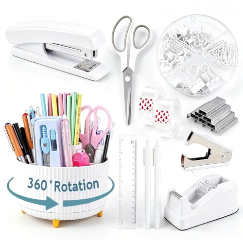 Gawsey White Desk Organizers and Accessories with Desk Organizer 360° Rotating Pen Holder and Office Supplies, Cute Stationery Supplies Set - color: White