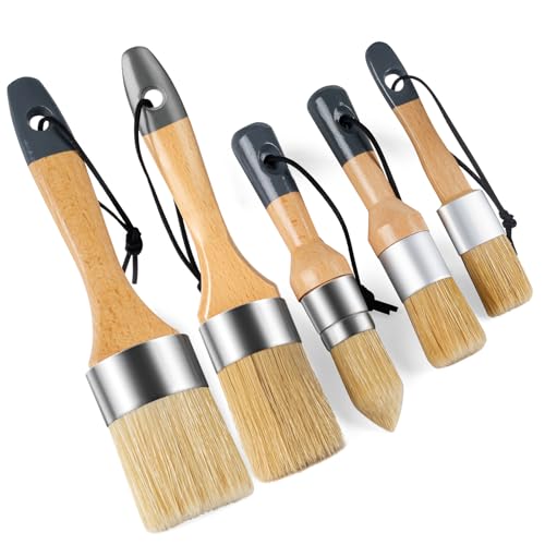 Mister Rui Chalk Wax Paint Brush, 5pcs, Wax Brushes for Waxing and Stencil | Natural Bristles Large Paint Brushes for All in One Paint, Ideal for DIY Home Decor, Art Crafts - size: 5PCS, 1 Large, 1 Medium, 3 Small