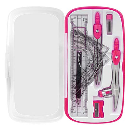 Akuoly Maths Compasses Full Starter Geometry Kit with 2 Drafting Compasses Protractor 2 Set Squares Ruler Pencil and More for Students Maths Study Homework etc. Pink