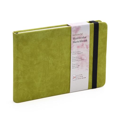 Landscape Watercolor Paper Sketchbook, 140 LB, 100% Cotton, Cold Press | 300 GSM, 5x7.5", 24 Sheets, 48 Pages, tumuarta Watercolor Journal For Use As Travel Sketch book and Mixed Media Pad On The Go - color: Green, size: 5"x7.5"