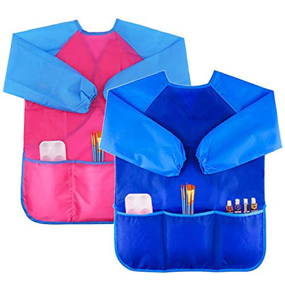 Zkptops 2 Pack Kids Art Smock Colorful Waterproof Children Art Aprons Artist Painting Aprons with Long Sleeve 3 Roomy Pockets for Age 3-7 Years Blue and Pink - color: 2 Pack Blue/Pink
