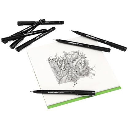 Creative Mark Ultimate Fine Line Drawing Pens Super Black, Permanent, Waterproof, & Acid-Free Assorted Tips and Large Brush Pen - [Fineliners and Sketch Set of 8]
